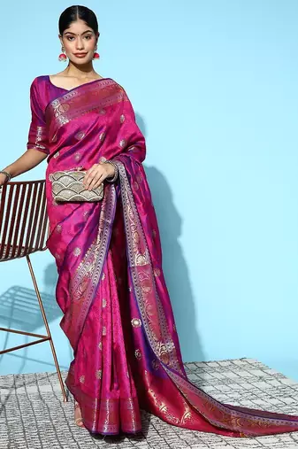 magenta magenta & gold-toned ethnic motifs silk blend banarasi saree