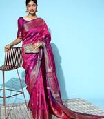 magenta magenta & gold-toned ethnic motifs silk blend banarasi saree