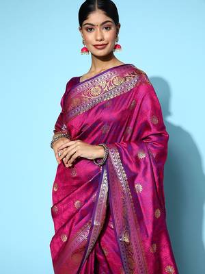 magenta magenta & gold-toned ethnic motifs silk blend banarasi saree 2