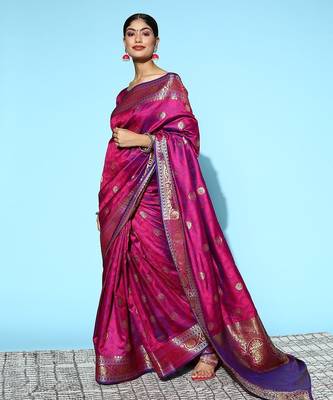 magenta magenta & gold-toned ethnic motifs silk blend banarasi saree 3