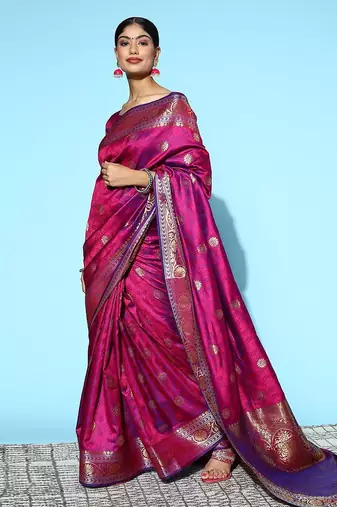 magenta magenta & gold-toned ethnic motifs silk blend banarasi saree