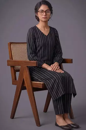 women striped regular silk crepe kurta with trousers
