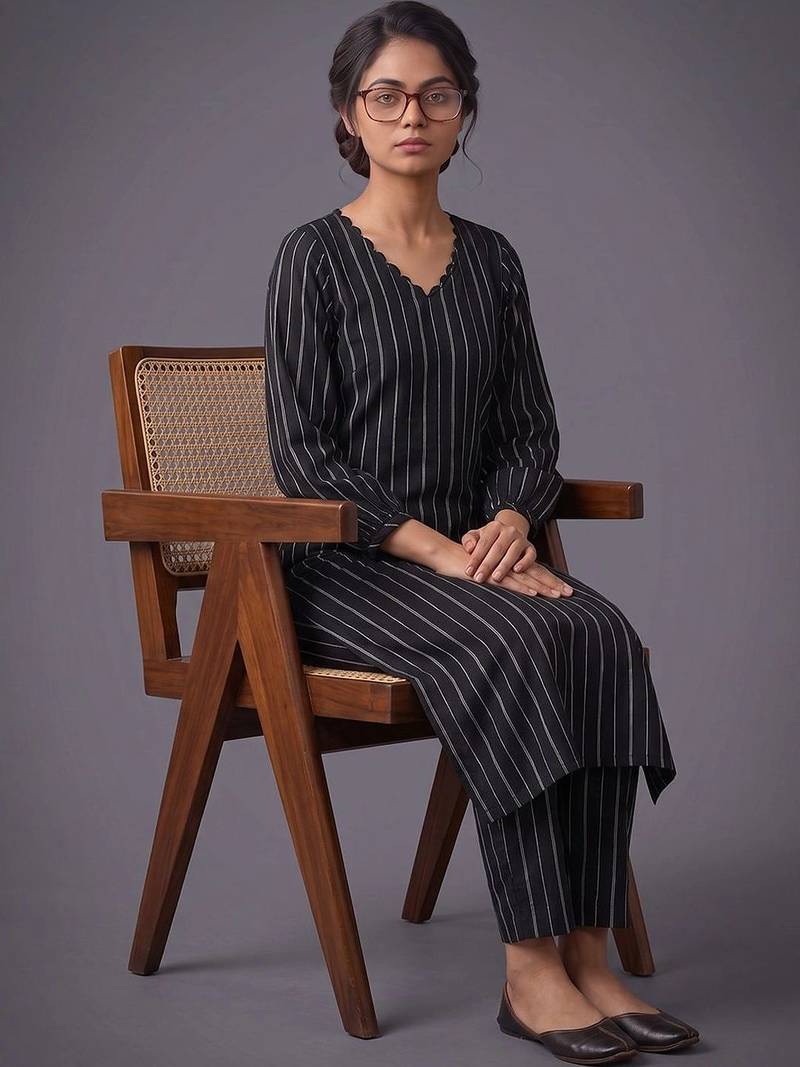 women striped regular silk crepe kurta with trousers