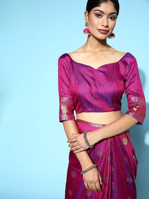 magenta magenta & gold-toned ethnic motifs silk blend banarasi saree 5