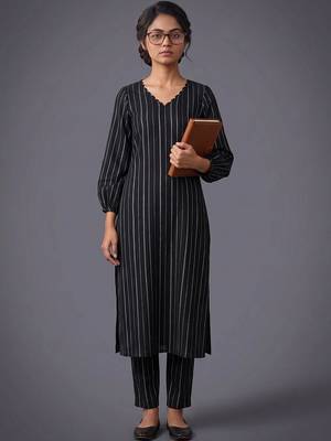 women striped regular silk crepe kurta with trousers 2