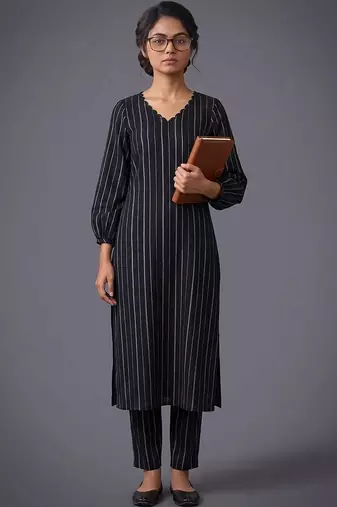 women striped regular silk crepe kurta with trousers