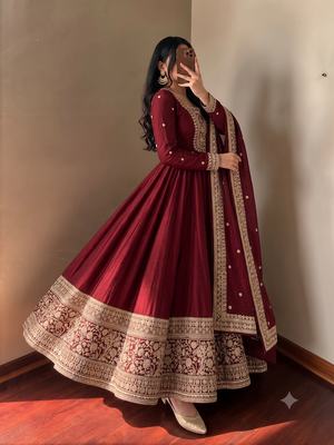 Women's maroon heavy zari & sequins work anarkali suit set with straight pant and embroidered dupatta 2