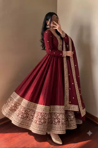Women's maroon heavy zari & sequins work anarkali suit set with straight pant and embroidered dupatta