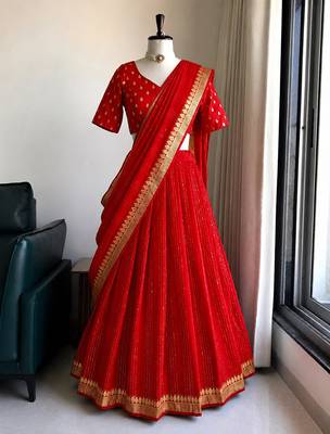 Red Viscose Georgette Zari Weaving Border With all over Lining with Sequence Lehenga Choli with Dupatta 1