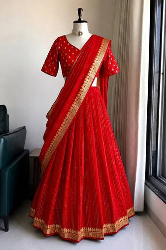 Red Viscose Georgette Zari Weaving Border With all over Lining with Sequence Lehenga Choli with Dupatta