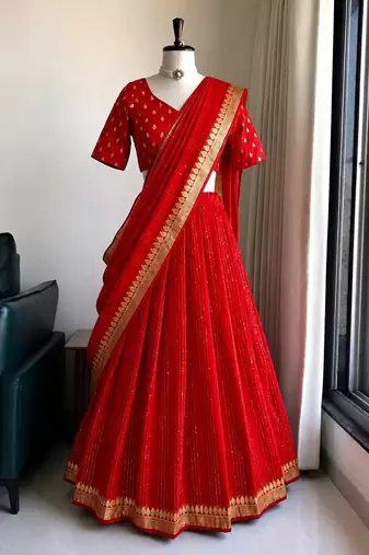 Red Viscose Georgette Zari Weaving Border With all over Lining with Sequence Lehenga Choli with Dupatta