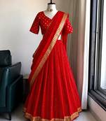 Red Viscose Georgette Zari Weaving Border With all over Lining with Sequence Lehenga Choli with Dupatta