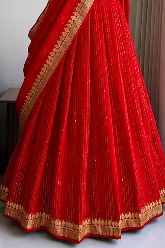 Red Viscose Georgette Zari Weaving Border With all over Lining with Sequence Lehenga Choli with Dupatta