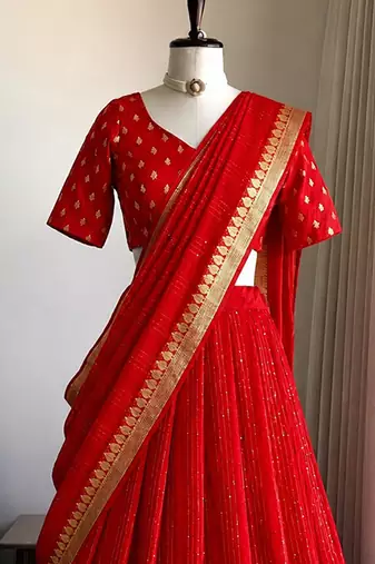 Red Viscose Georgette Zari Weaving Border With all over Lining with Sequence Lehenga Choli with Dupatta