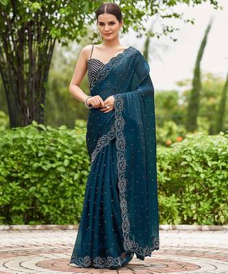 teal embellished beads and stones detailed organza saree 1