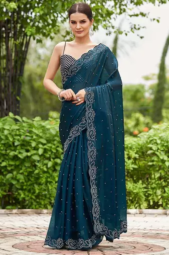teal embellished beads and stones detailed organza saree