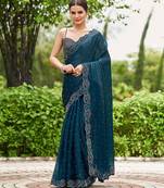 teal embellished beads and stones detailed organza saree