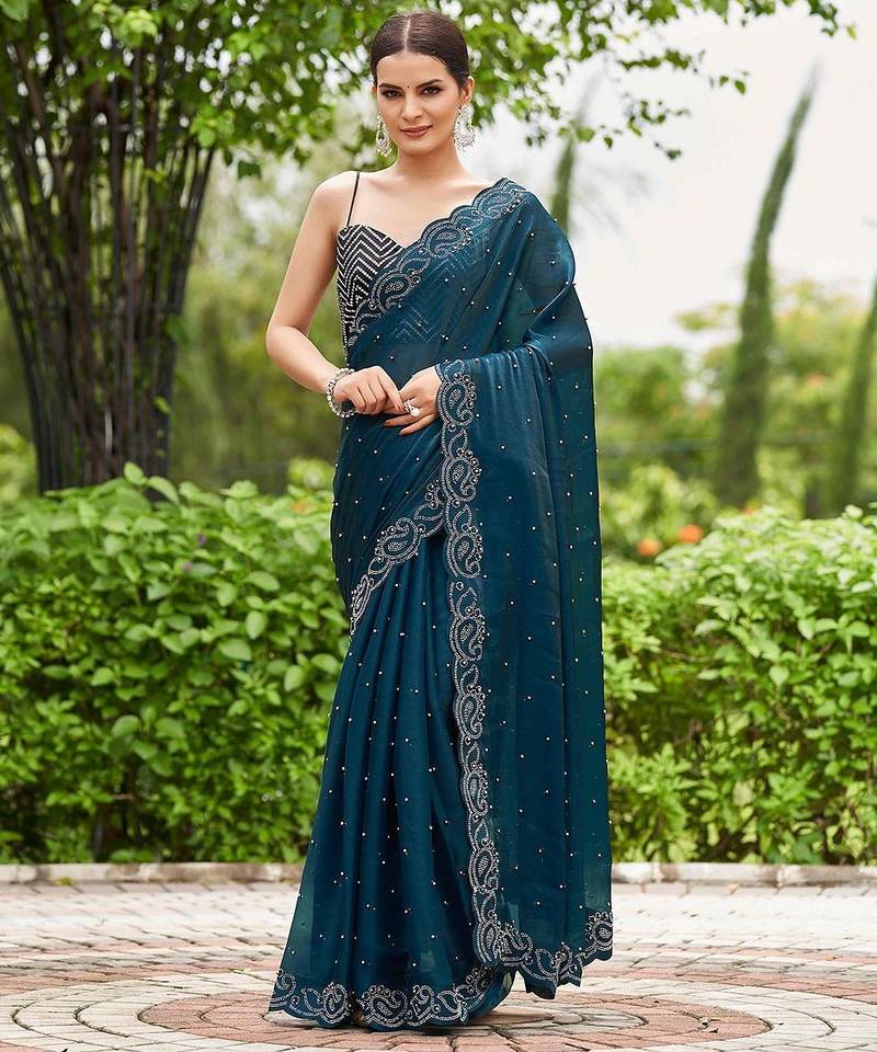 teal embellished beads and stones detailed organza saree