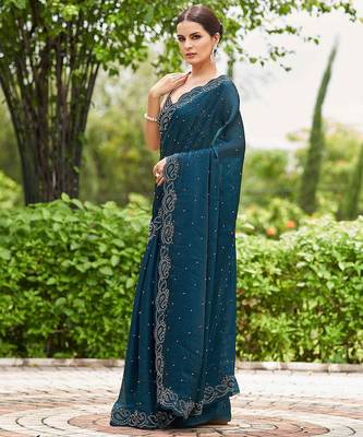 teal embellished beads and stones detailed organza saree 2
