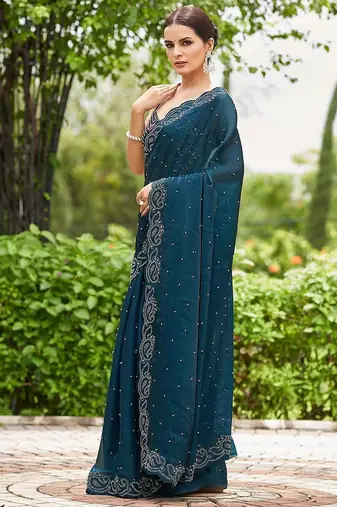 teal embellished beads and stones detailed organza saree