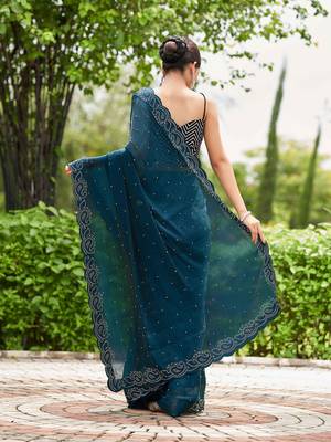 teal embellished beads and stones detailed organza saree 3