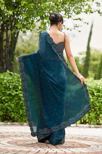 teal embellished beads and stones detailed organza saree