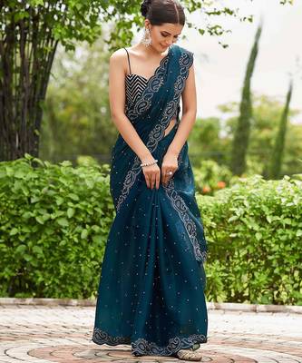 teal embellished beads and stones detailed organza saree 4