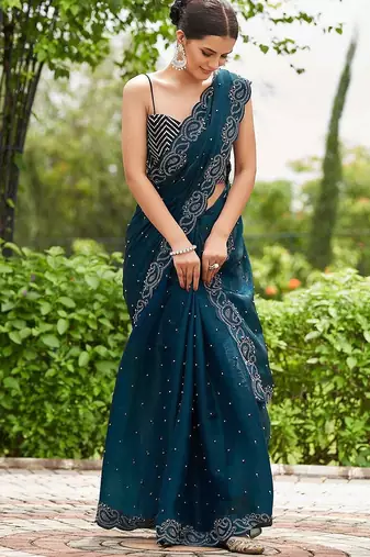 teal embellished beads and stones detailed organza saree