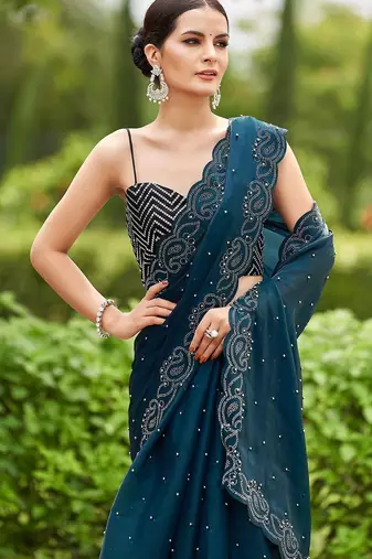 teal embellished beads and stones detailed organza saree