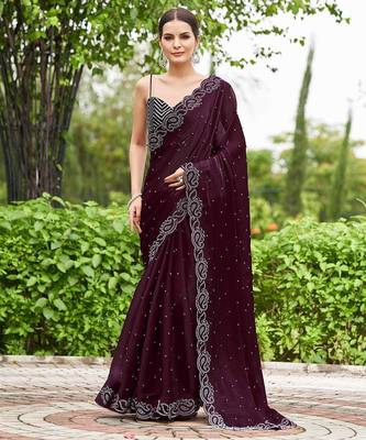 magenta embellished beads and stones organza saree 1