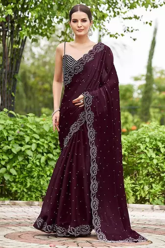 magenta embellished beads and stones organza saree