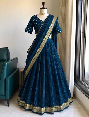 Rama Viscose Georgette Zari Weaving Border With all over Lining with Sequence Lehenga Choli with Dupatta 1