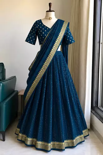 Rama Viscose Georgette Zari Weaving Border With all over Lining with Sequence Lehenga Choli with Dupatta