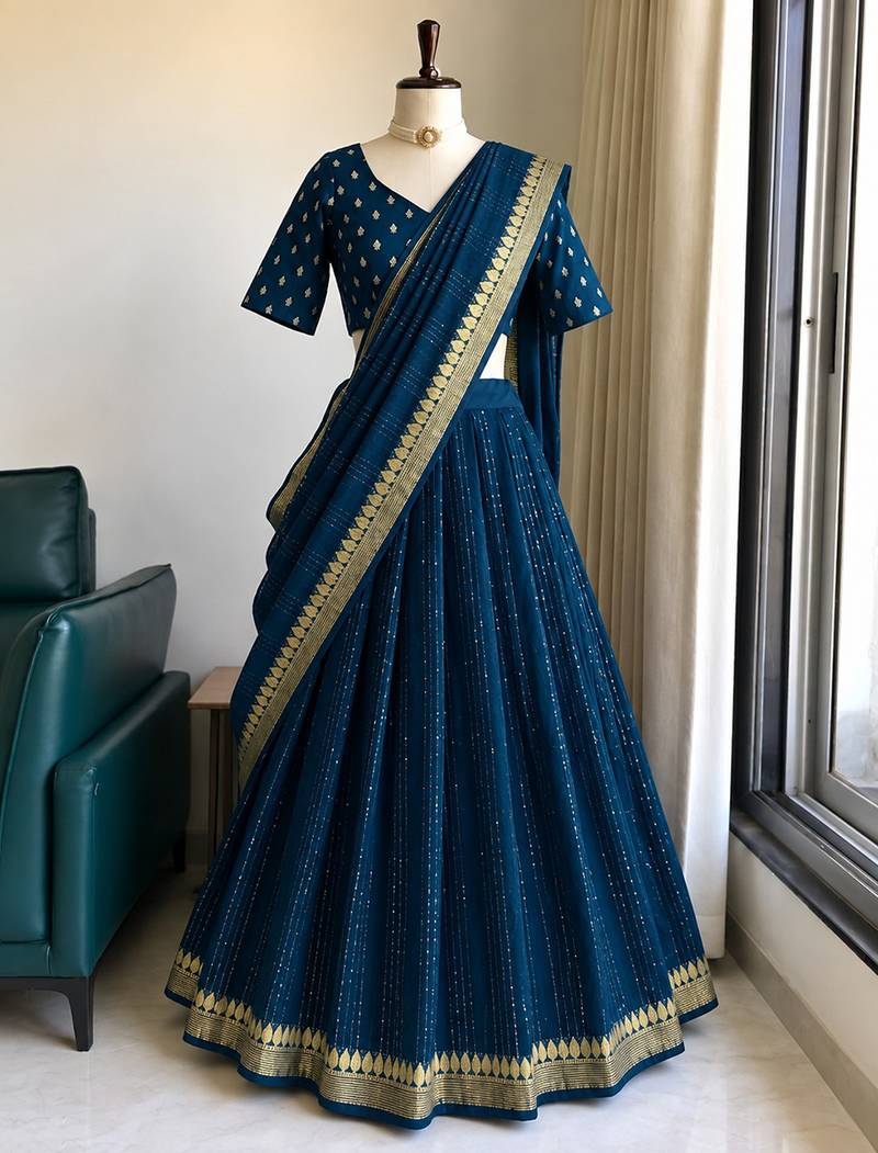 Rama Viscose Georgette Zari Weaving Border With all over Lining with Sequence Lehenga Choli with Dupatta