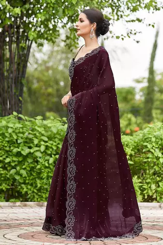 magenta embellished beads and stones organza saree