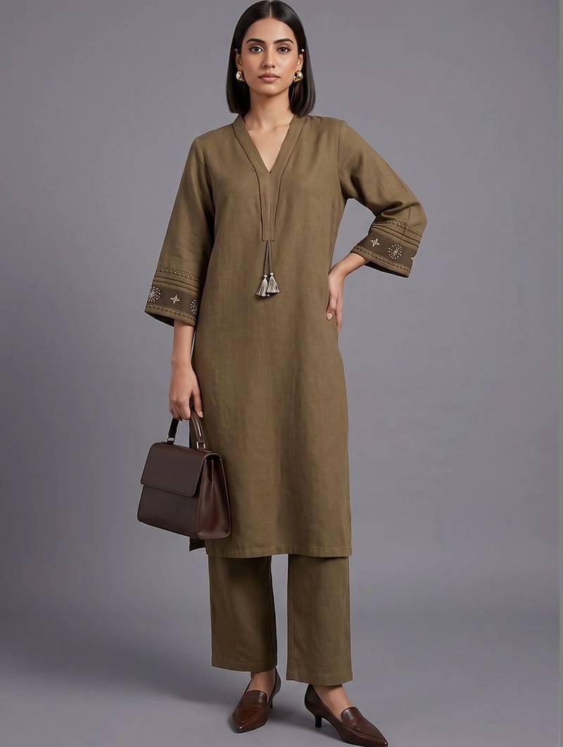 women ethnic motifs embroidered regular sequinned kurta with trousers
