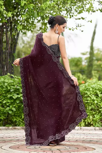 magenta embellished beads and stones organza saree