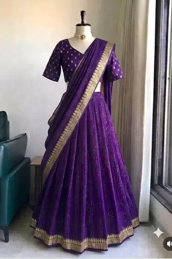 Purple Viscose Georgette Zari Weaving Border With all over Lining with Sequence Lehenga Choli with Dupatta