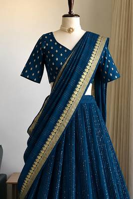 Rama Viscose Georgette Zari Weaving Border With all over Lining with Sequence Lehenga Choli with Dupatta 3