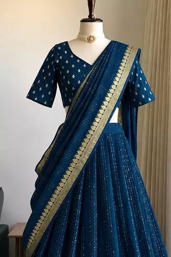 Rama Viscose Georgette Zari Weaving Border With all over Lining with Sequence Lehenga Choli with Dupatta