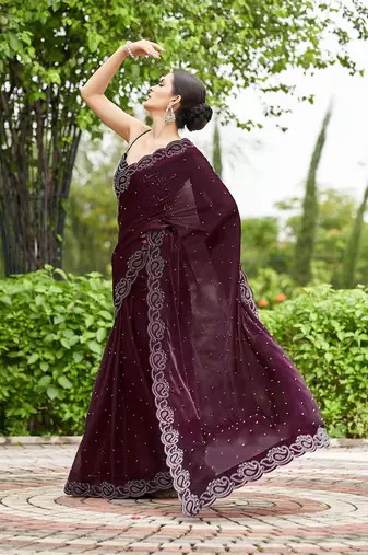 magenta embellished beads and stones organza saree