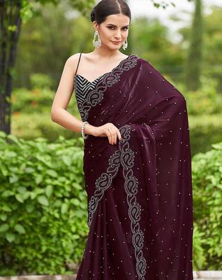 magenta embellished beads and stones organza saree 5