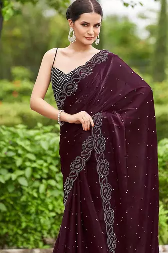 magenta embellished beads and stones organza saree