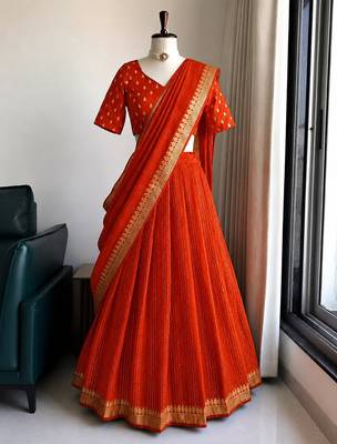 Orange Viscose Georgette Zari Weaving Border With all over Lining with Sequence Lehenga Choli with Dupatta 1