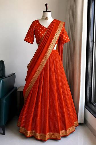Orange Viscose Georgette Zari Weaving Border With all over Lining with Sequence Lehenga Choli with Dupatta