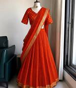 Orange Viscose Georgette Zari Weaving Border With all over Lining with Sequence Lehenga Choli with Dupatta