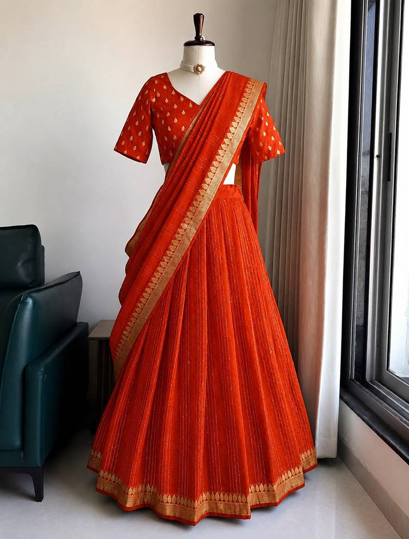 Orange Viscose Georgette Zari Weaving Border With all over Lining with Sequence Lehenga Choli with Dupatta