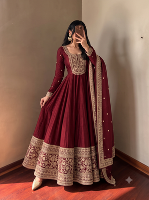 Women's maroon heavy zari & sequins work anarkali suit set with straight pant and embroidered dupatta 3