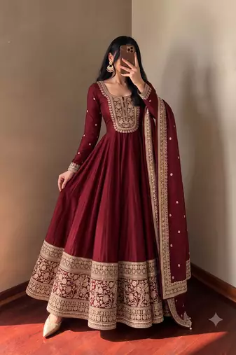 Women's maroon heavy zari & sequins work anarkali suit set with straight pant and embroidered dupatta