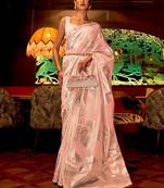 peach peach-coloured & gold-toned floral silk blend muga saree